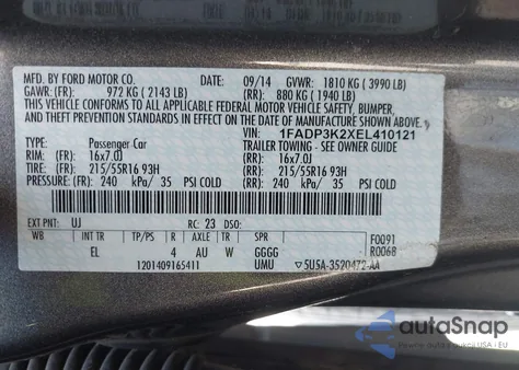 2014 Ford Focus Se z USA, uszkodzony, nr VIN 1FADP3K2XEL410121